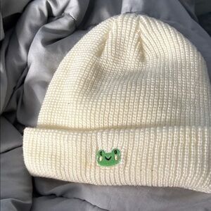 Cream Knit Beanie with Frog Patch